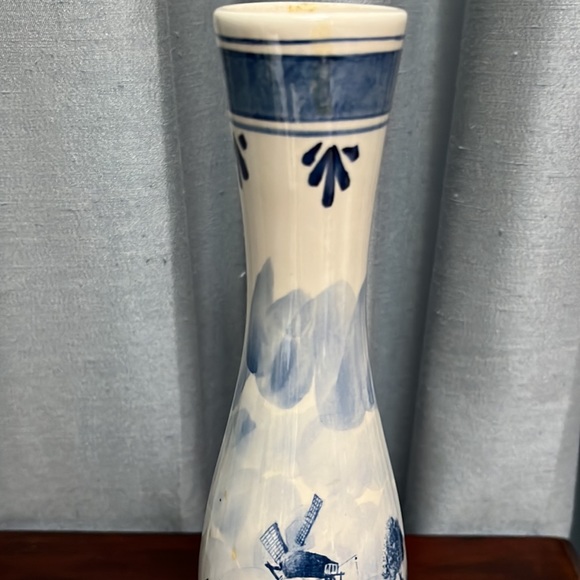 Tall Slender Blue Delft Bud Vase w/ Windmill on one side, Sailboat on the other - Picture 5 of 14